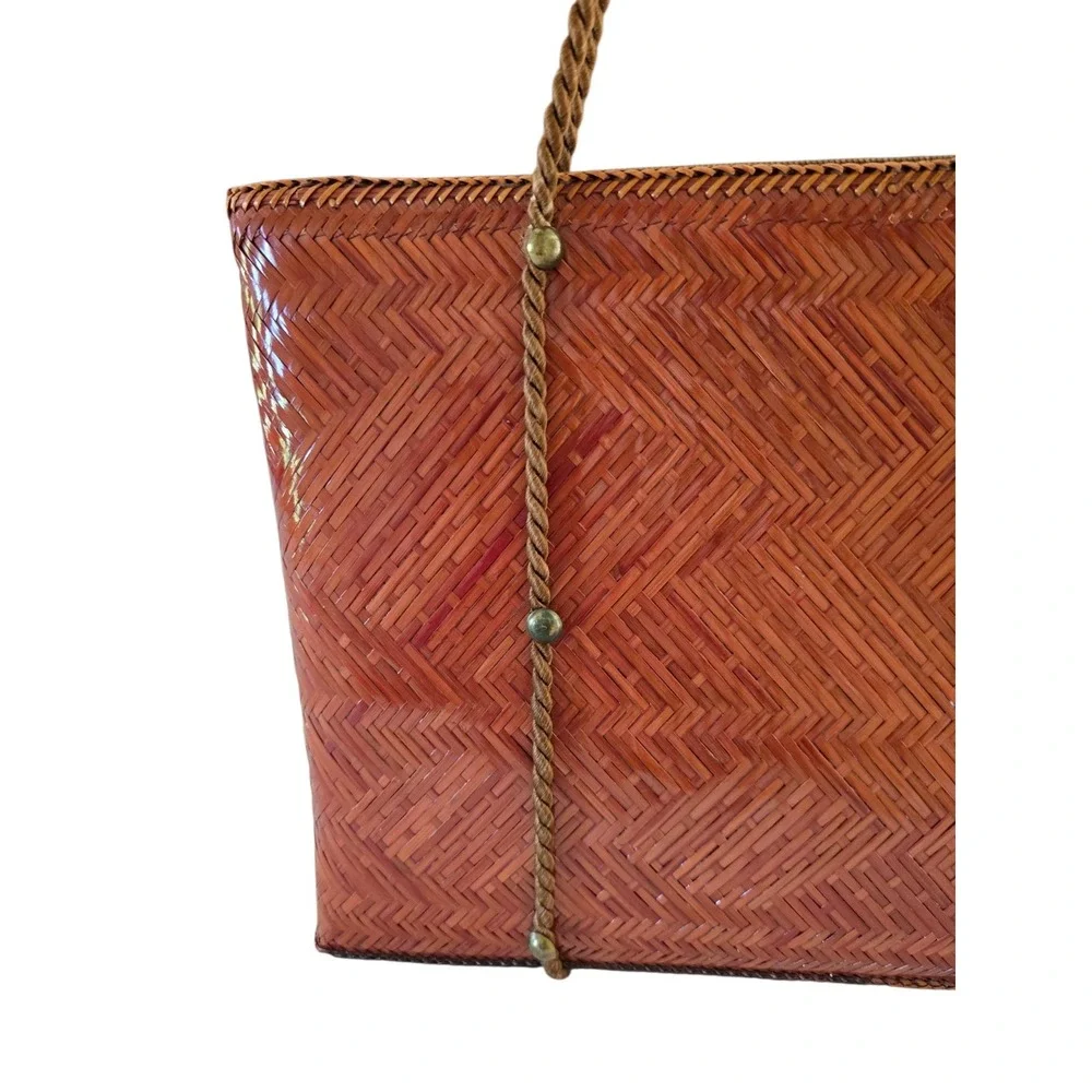 70s Vintage Woven Straw Purse Rope Shoulder Straps Brown‎